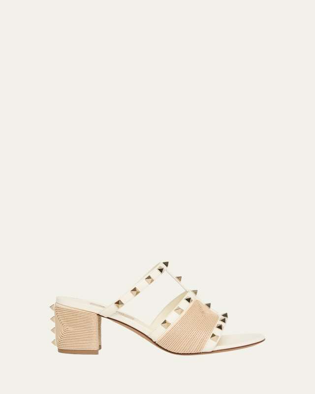 Rockstud Raffia Block-Heel Slide Sandals